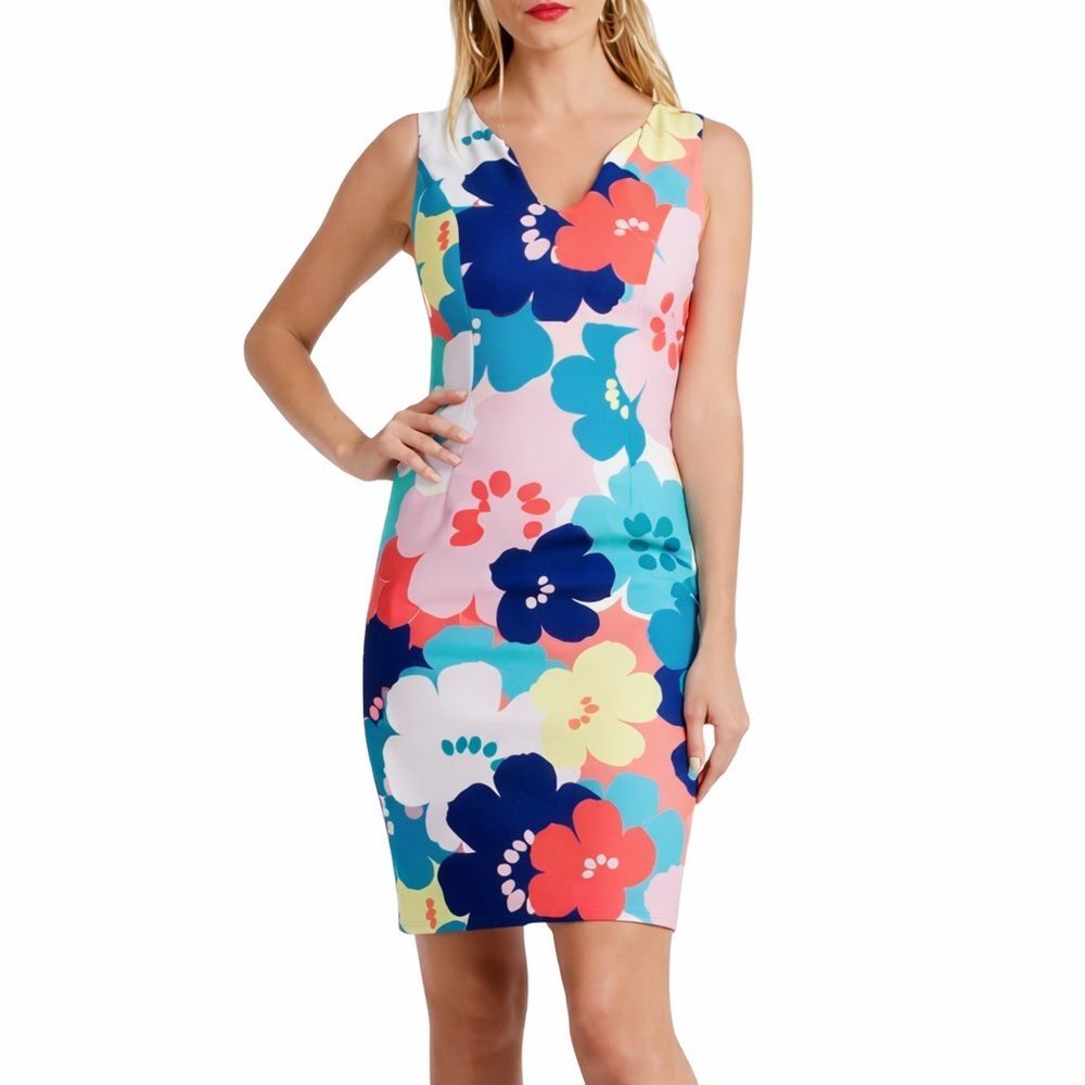 Trina Turk Coral Lily Dress Size 6 Sleeveless Floral V Neck Sheath Spring Shift